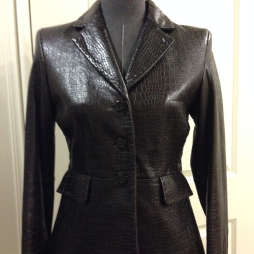 Tahari Brown Embossed Leather Blazer 2P